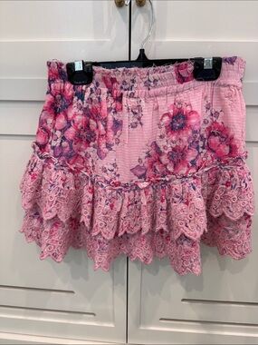 LoveShackFancy Pink Floral Lace-Tier Mini Skirt